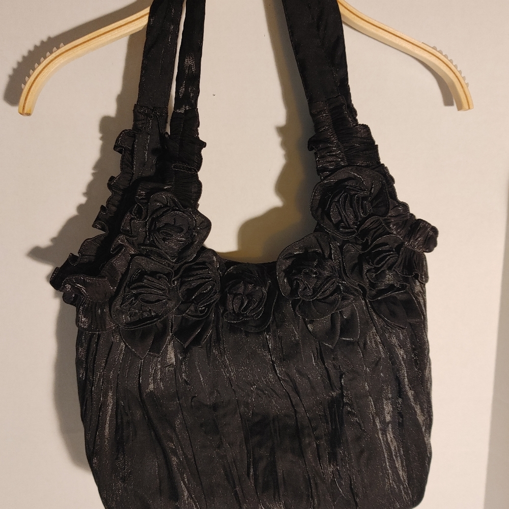 Black Double Straps DJ Fabric Handbag Flower Design